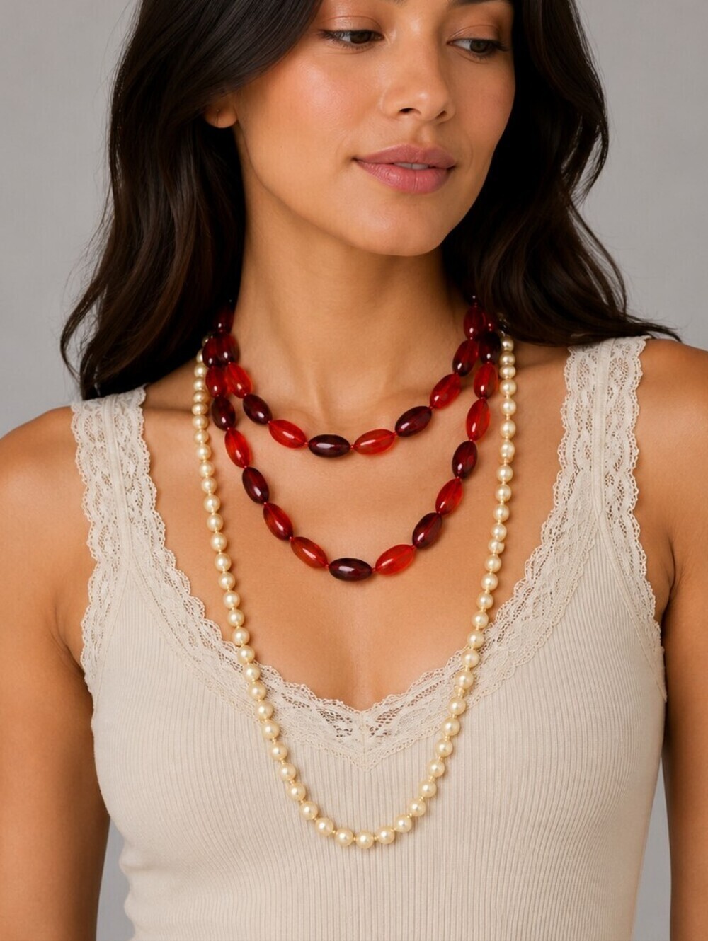 3/$30 VTG Red Pearl Acrylic Beaded Landgirl Necklaces